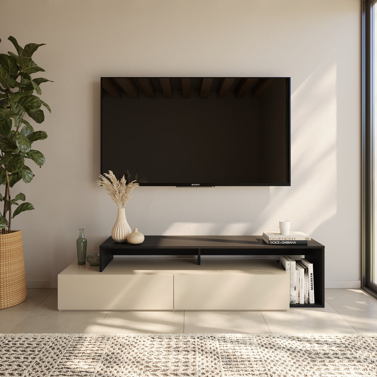72-Inch Tv Stand With 2 Drawers in Black Karisma & Morning Dew – lifestyle photo