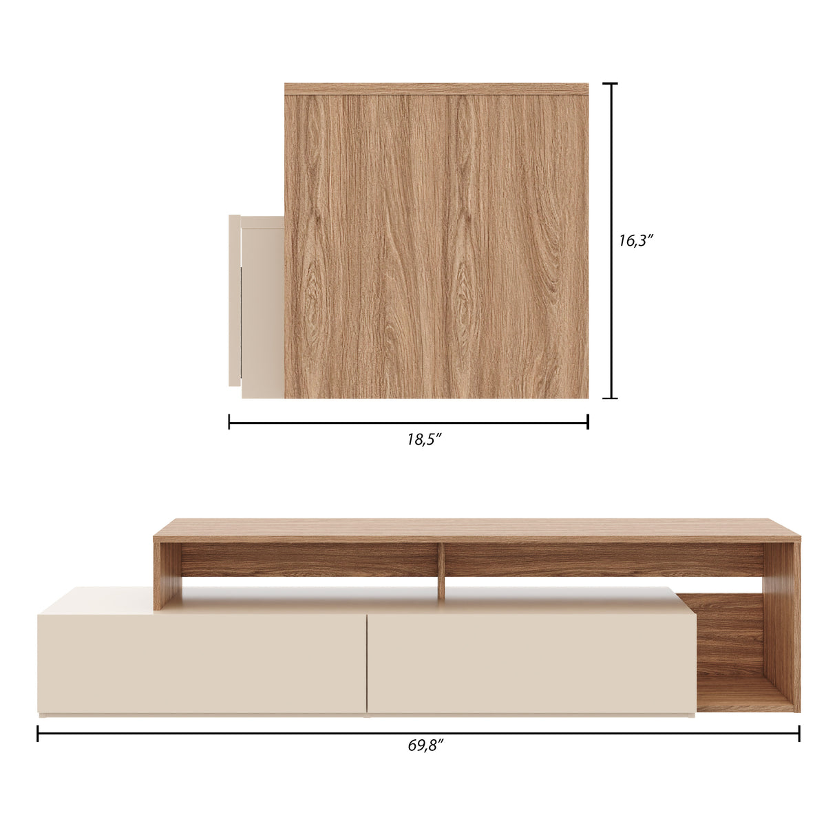 72-Inch Tv Stand With 2 Drawers in Kiss Curl & Morning Dew – dimensions diagram