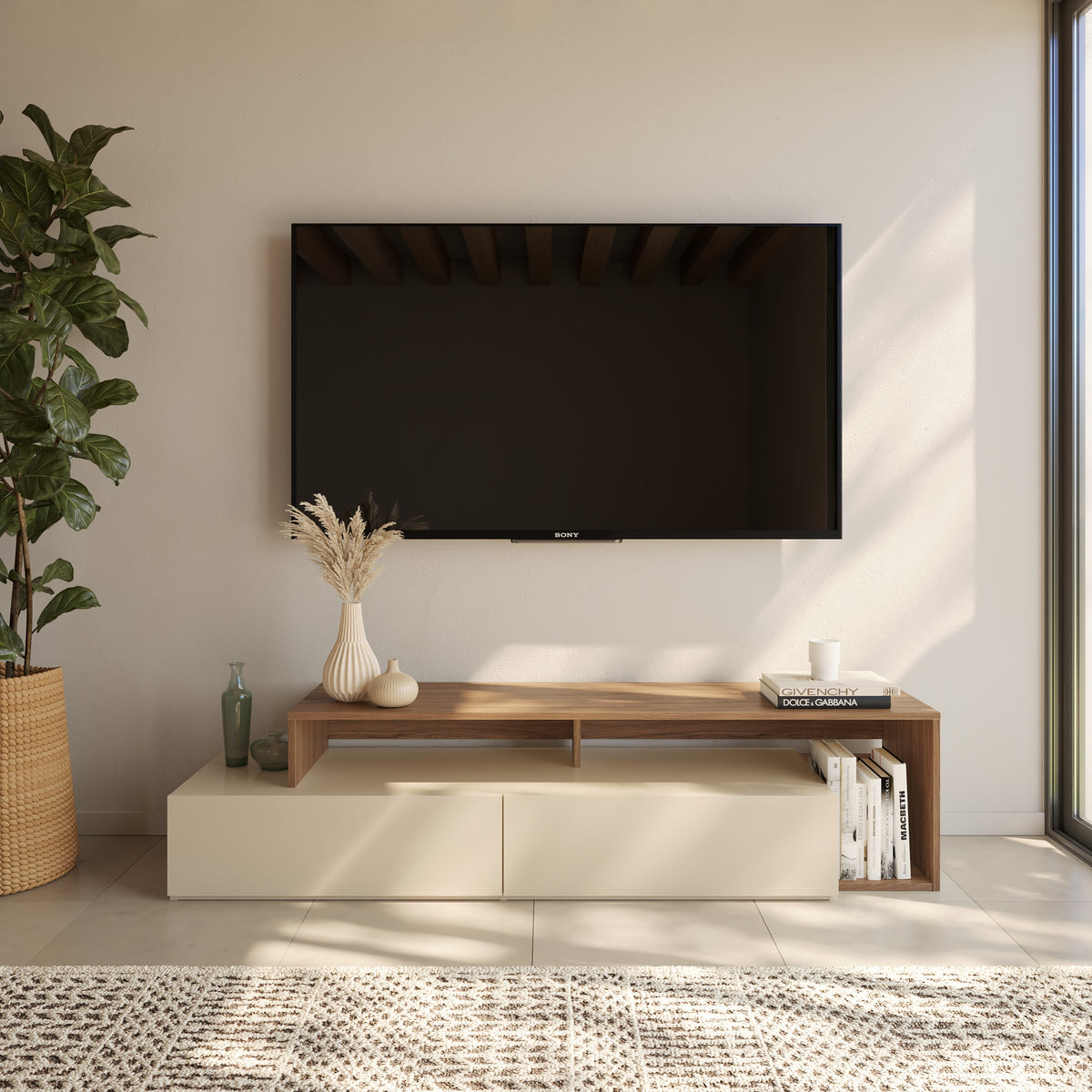 72-Inch Tv Stand With 2 Drawers in Kiss Curl & Morning Dew – lifestyle photo