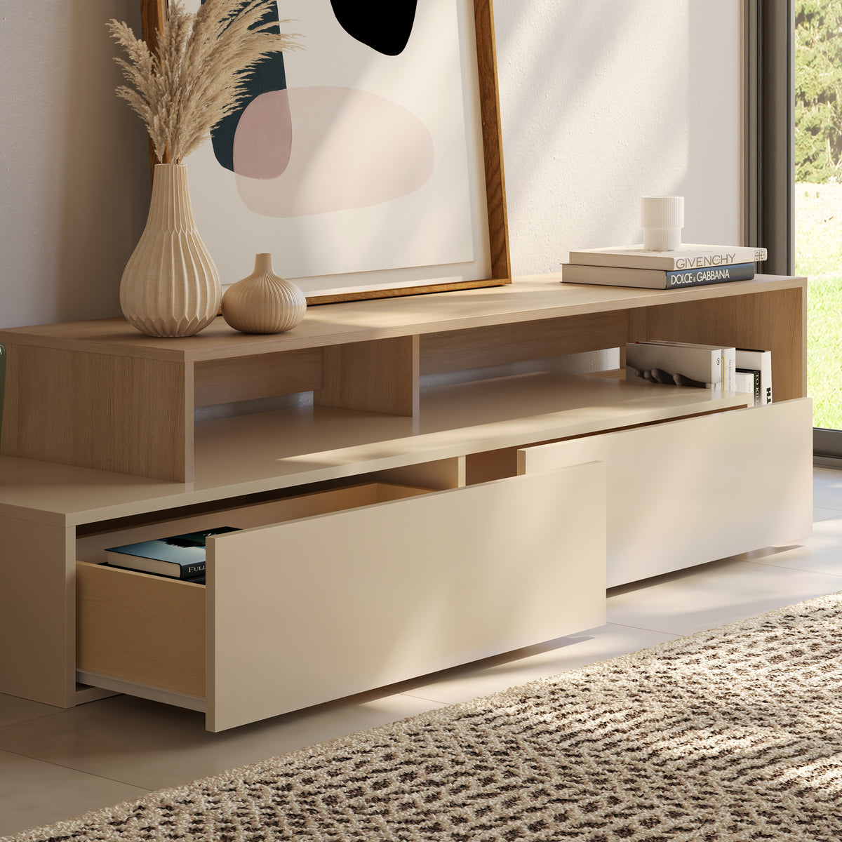 72-Inch Tv Stand With 2 Drawers in Natural Blonde Oak & Morning Dew – detail photo