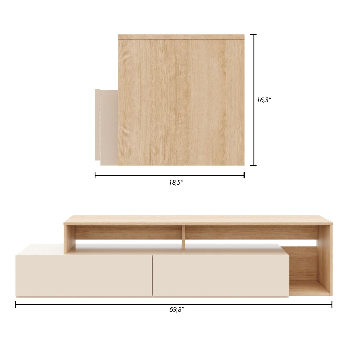72-Inch Tv Stand With 2 Drawers in Natural Blonde Oak & Morning Dew – dimensions diagram