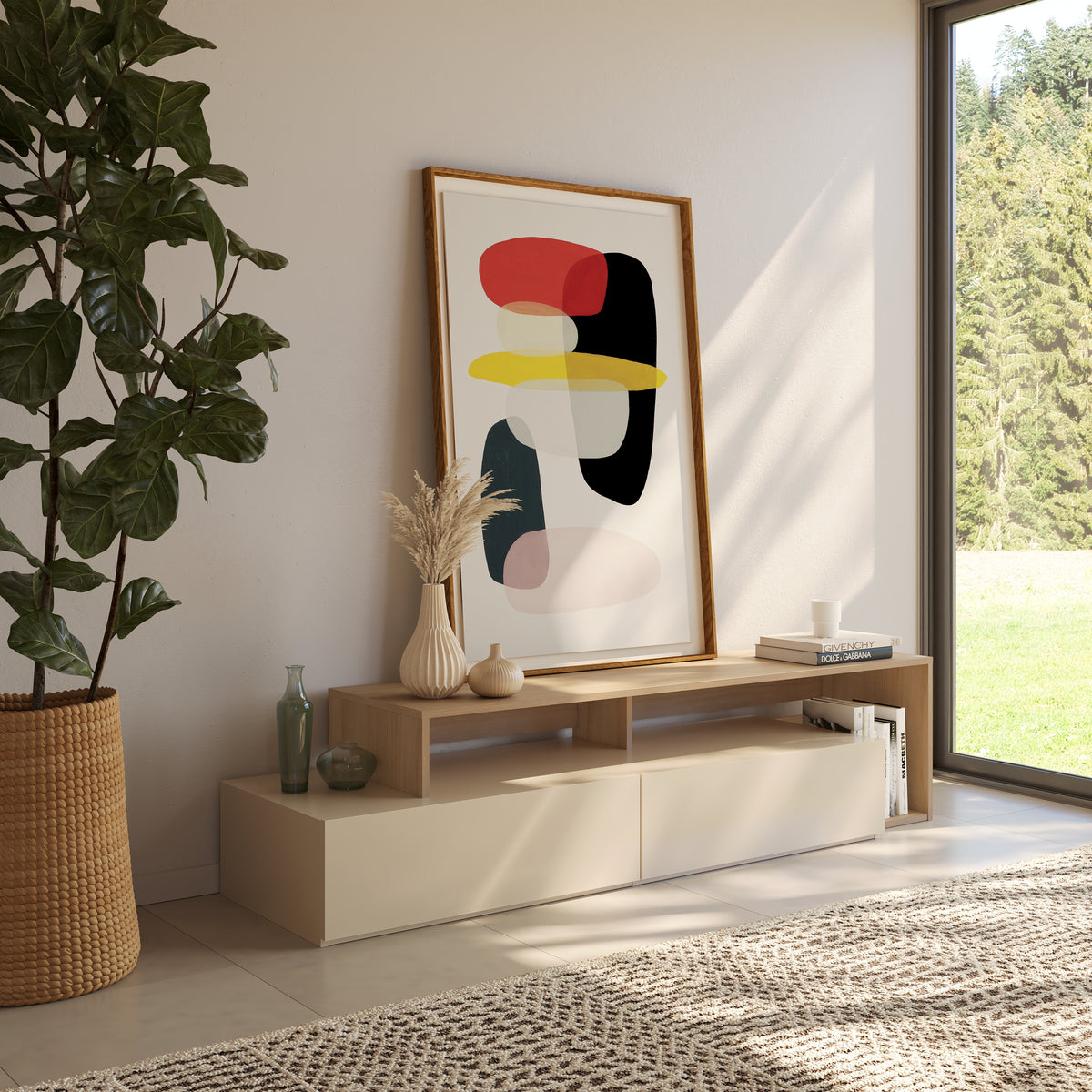 72-Inch Tv Stand With 2 Drawers in Natural Blonde Oak & Morning Dew – lifestyle photo 2