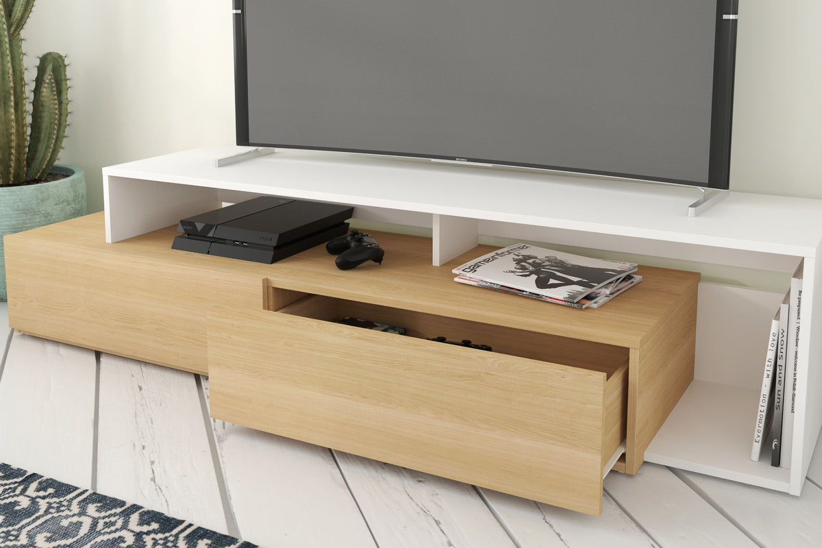 72-Inch Tv Stand With 2 Drawers in Natural Maple & White – detail photo