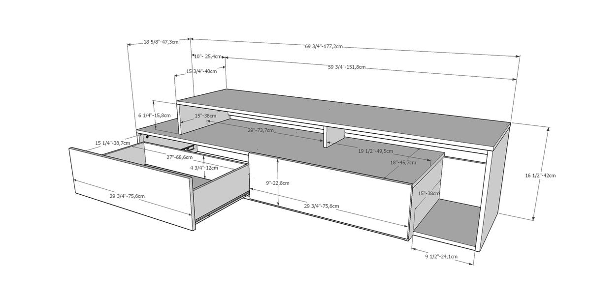 72-Inch Tv Stand With 2 Drawers in Natural Maple & White – dimensions diagram