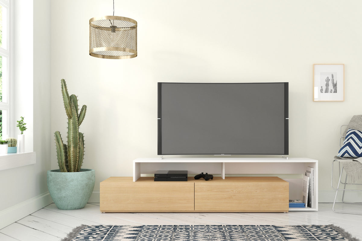 72-Inch Tv Stand With 2 Drawers in Natural Maple & White – lifestyle photo