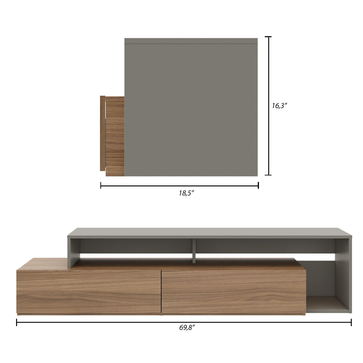 72-Inch Tv Stand With 2 Drawers in Nutmeg & Greige – dimensions diagram