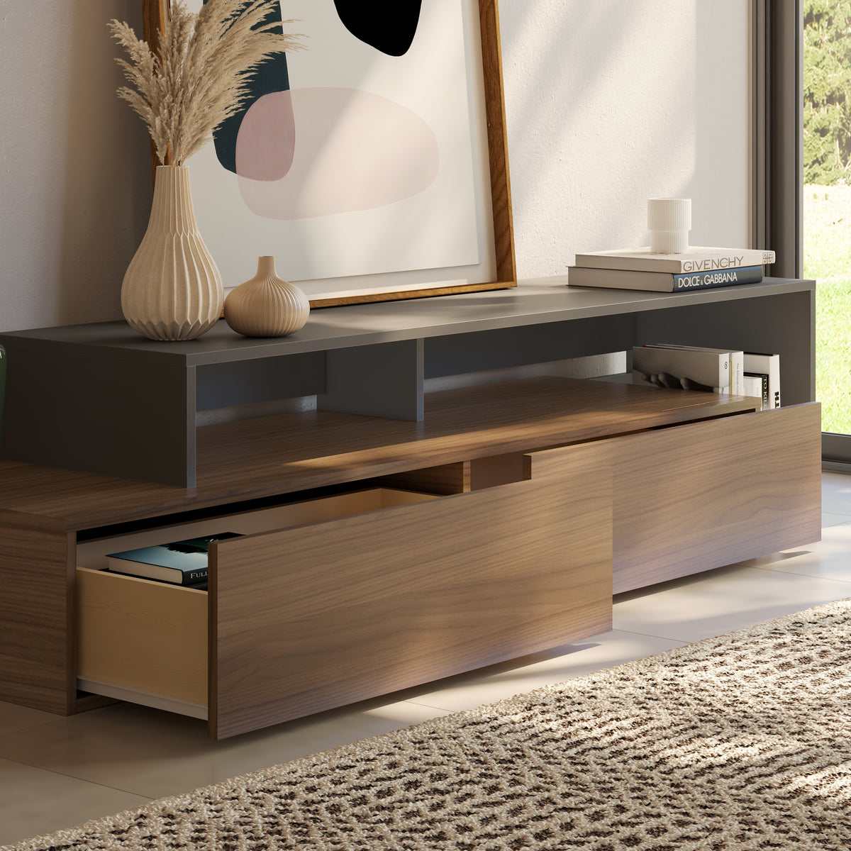 72-Inch Tv Stand With 2 Drawers in Nutmeg & Greige – lifestyle photo 2