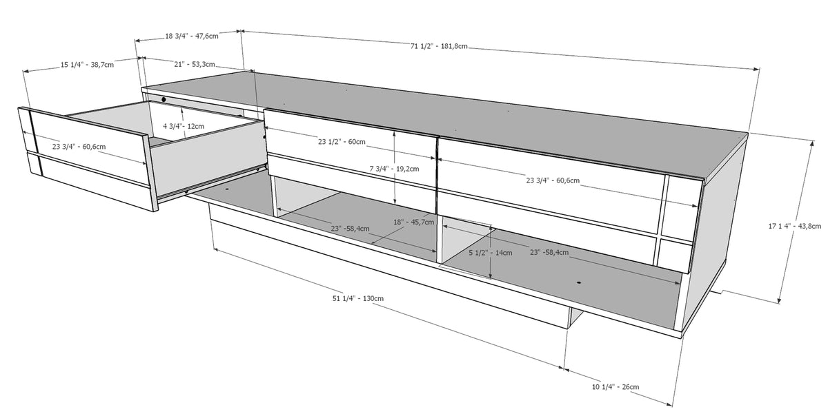 72-Inch Tv Stand With 3-Drawers in Black – dimensions diagram