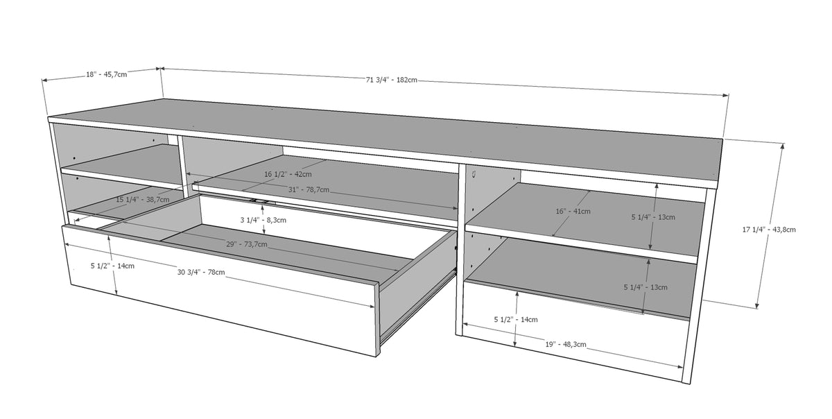 72-Inch Tv Stand With A Drawer in Black – dimensions diagram