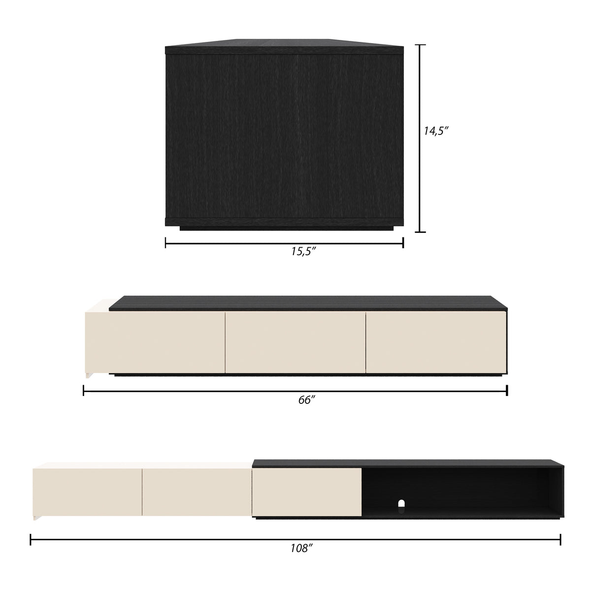 Arlo Extendable TV Console in Black Karisma & Morning Dew – dimensions diagram