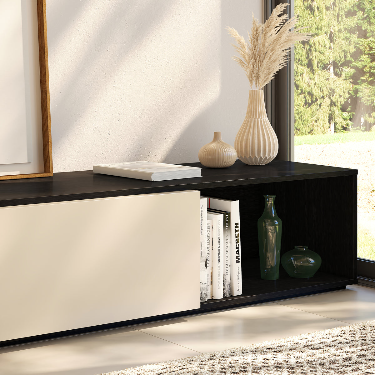 Arlo Extendable TV Console in Black Karisma & Morning Dew – lifestyle photo 2