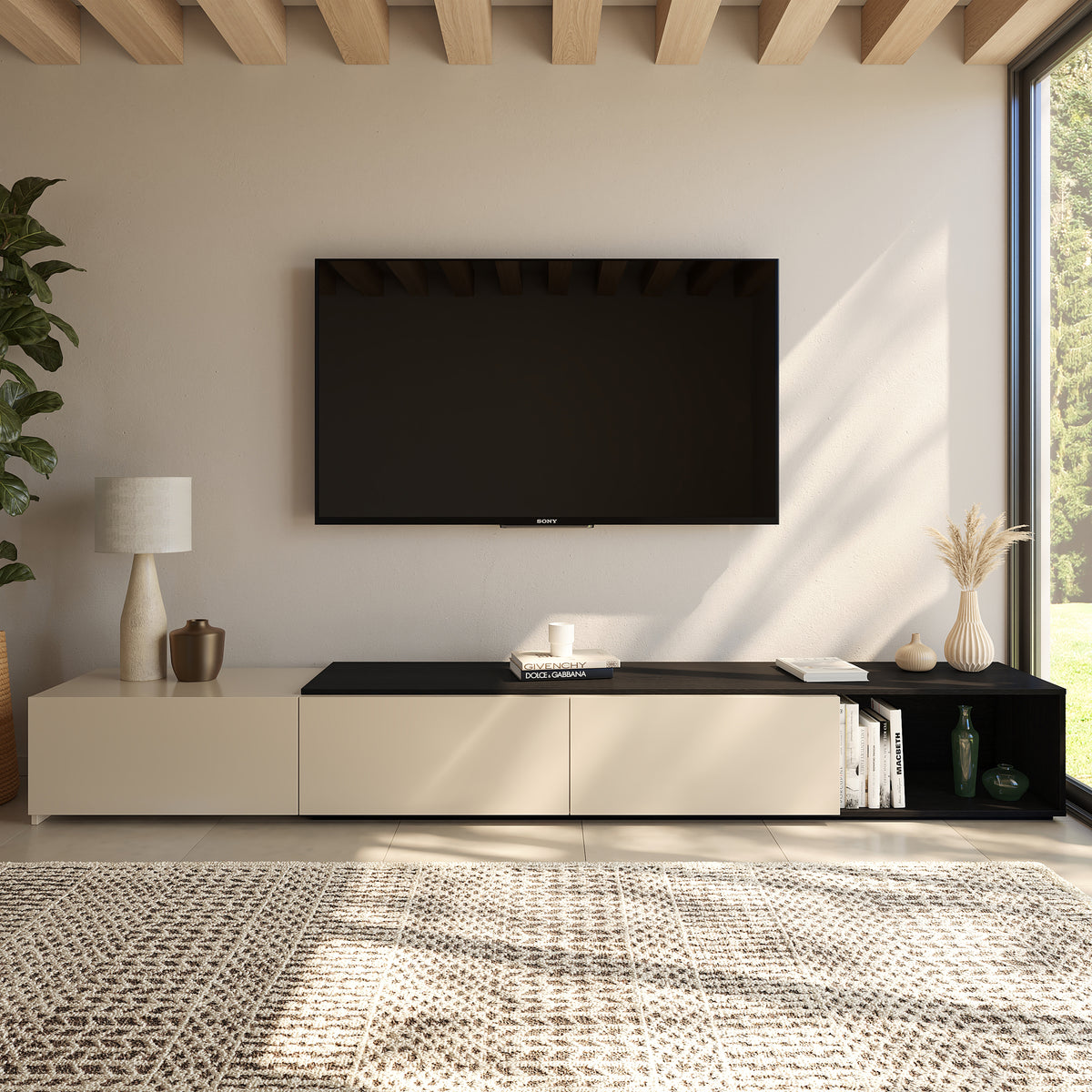 Arlo Extendable TV Console in Black Karisma & Morning Dew – lifestyle photo
