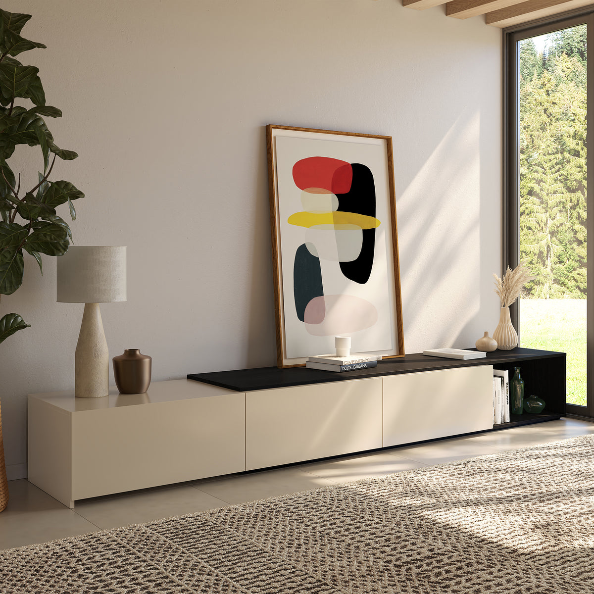 Arlo Extendable TV Console in Black Karisma & Morning Dew – lifestyle photo 3