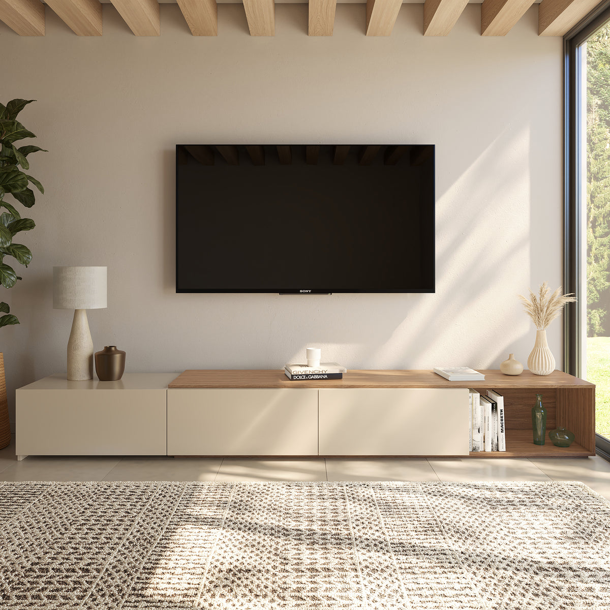 Arlo Extendable TV Console in Kiss Curl & Morning Dew – lifestyle photo