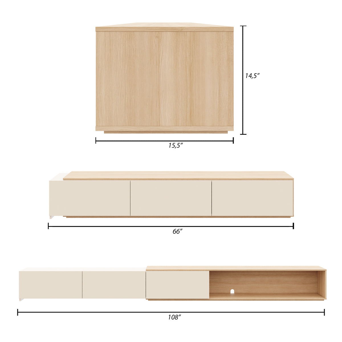 Arlo Extendable TV Console in Natural Blonde Oak & Morning Dew – dimensions diagram