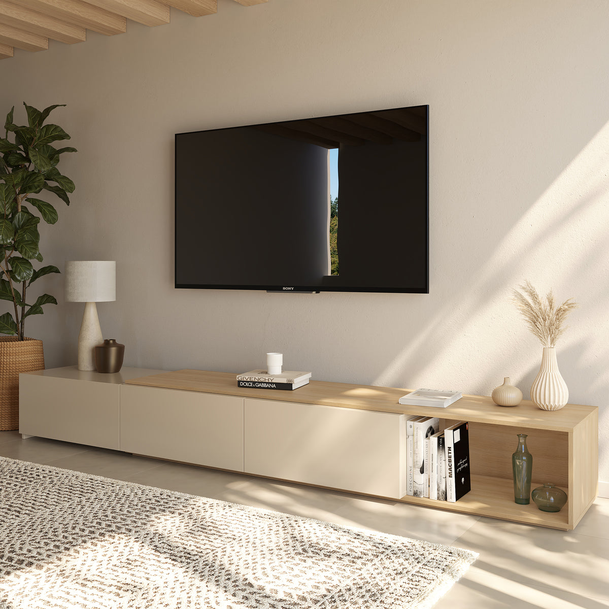 Arlo Extendable TV Console in Natural Blonde Oak & Morning Dew – lifestyle photo 2