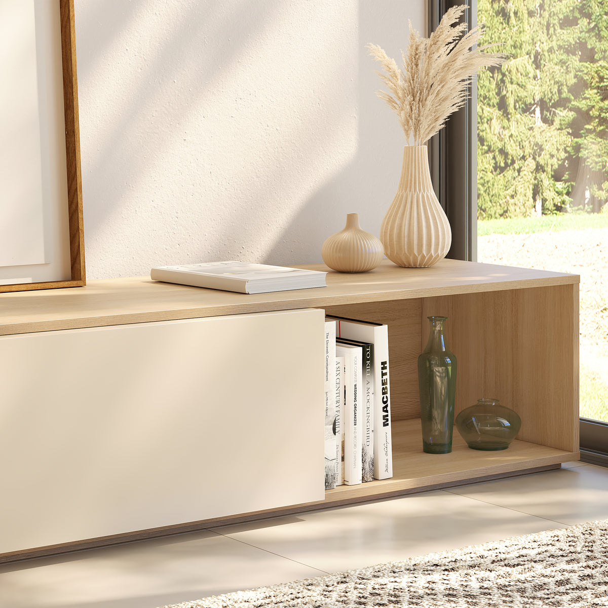 Arlo Extendable TV Console in Natural Blonde Oak & Morning Dew – lifestyle photo 3