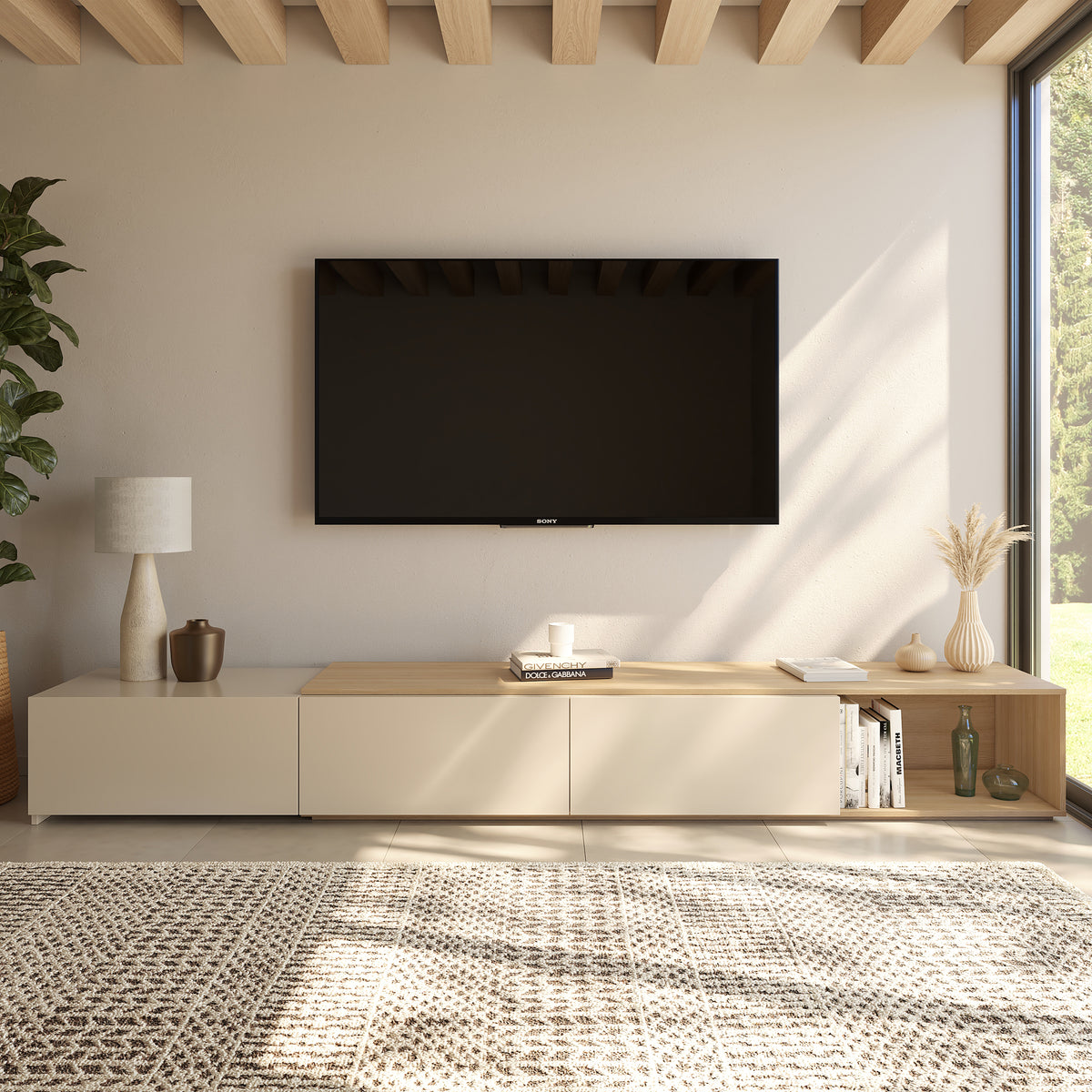 Arlo Extendable TV Console in Natural Blonde Oak & Morning Dew – lifestyle photo