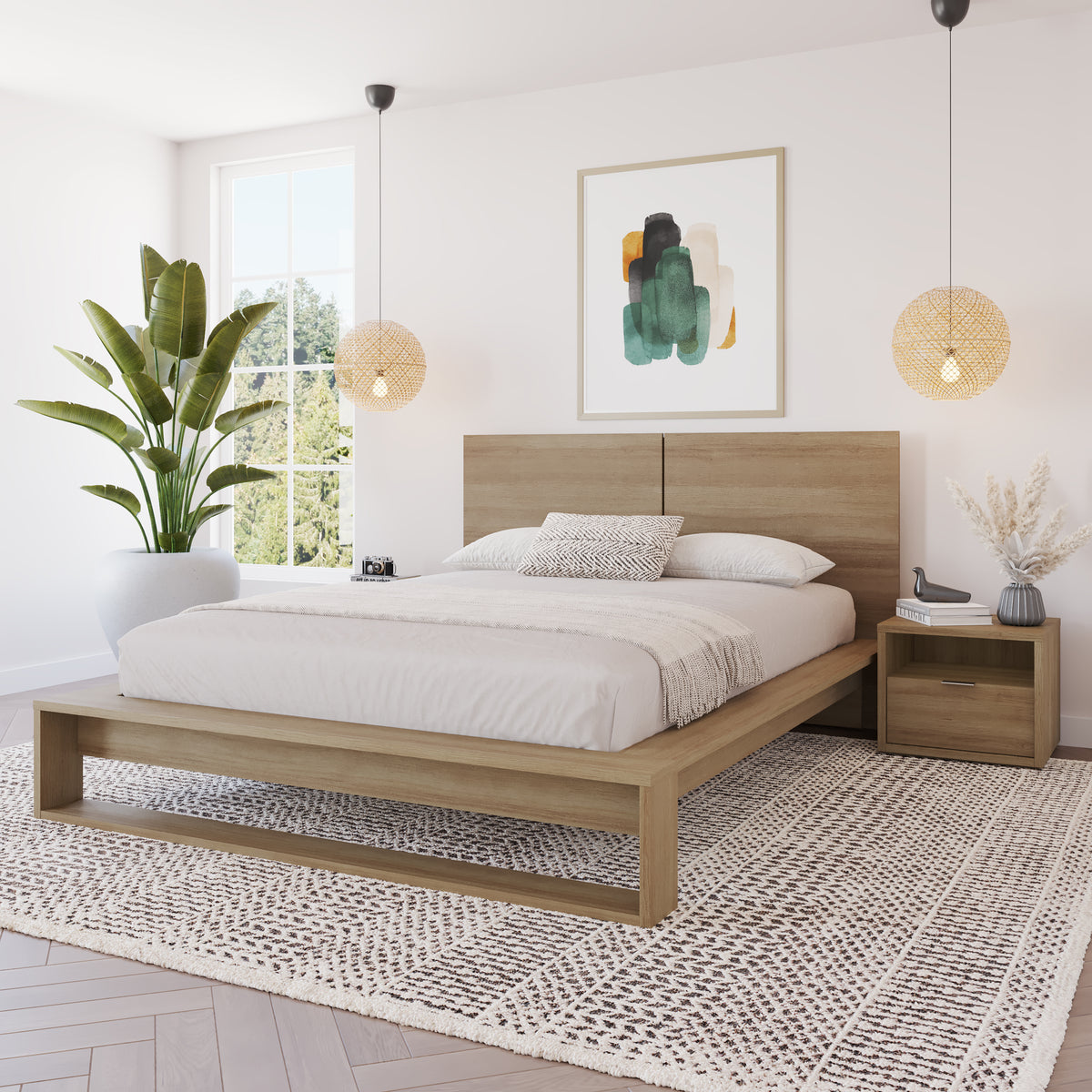 Audrey 4 Piece Bedroom Set with Headboard, Slatted Bedframe, 2 Nightstands, Queen in Brown Oak, Queen – lifestyle photo 2