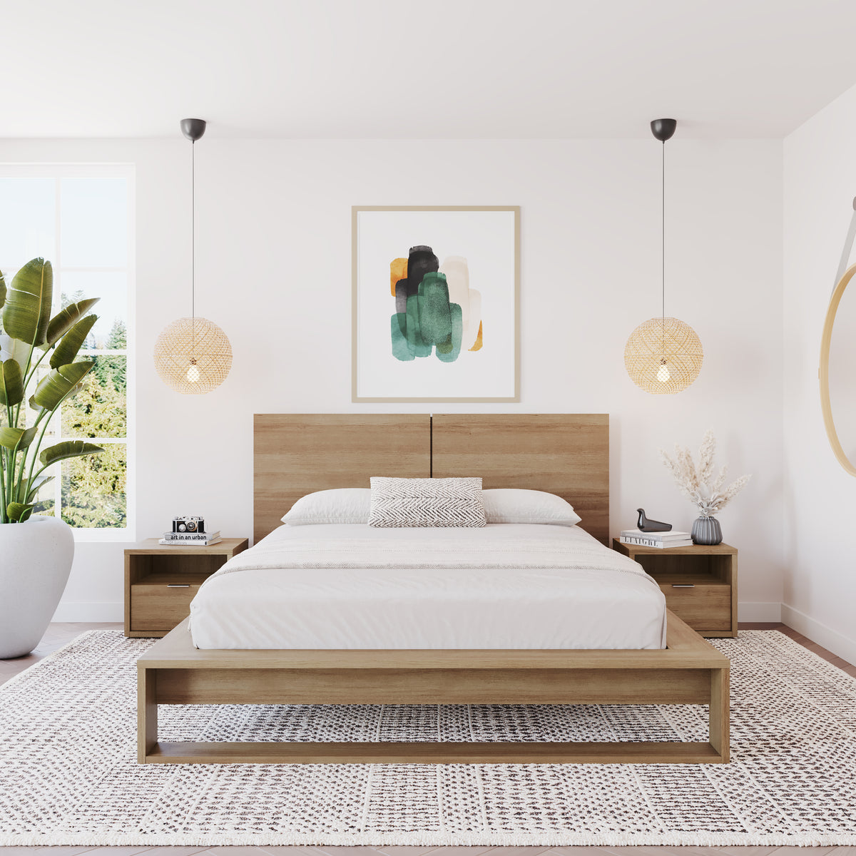 Audrey 4 Piece Bedroom Set with Headboard, Slatted Bedframe, 2 Nightstands, Queen in Brown Oak, Queen – lifestyle photo