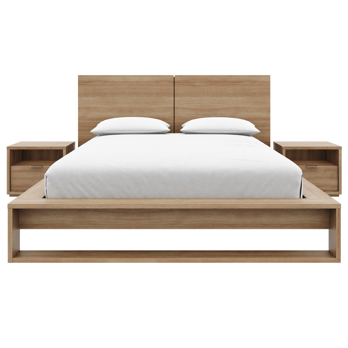 Audrey 4 Piece Bedroom Set with Headboard, Slatted Bedframe, 2 Nightstands, Queen in Brown Oak, Queen – product photo