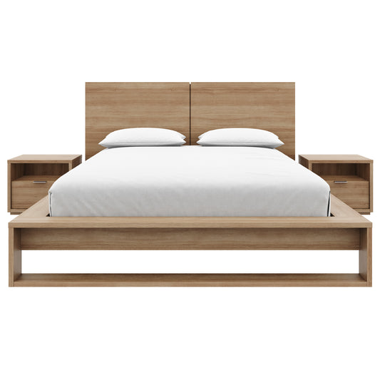 Audrey 4 Piece Bedroom Set with Headboard, Slatted Bedframe, 2 Nightstands, Queen in Brown Oak, Queen – product photo
