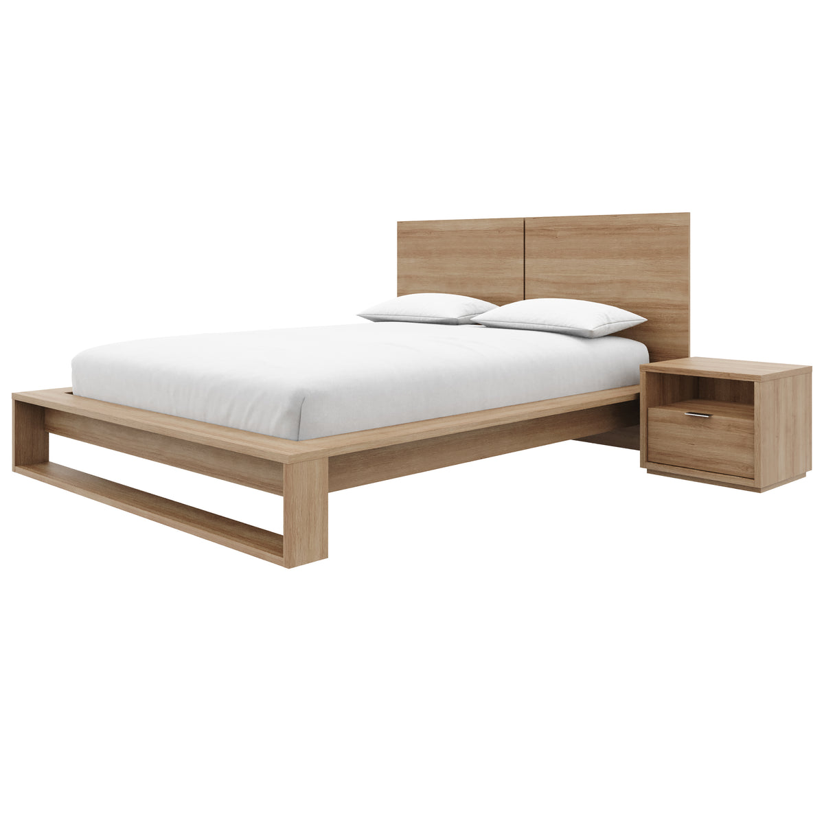 Audrey 4 Piece Bedroom Set with Headboard, Slatted Bedframe, 2 Nightstands, Queen in Brown Oak, Queen – product photo 2