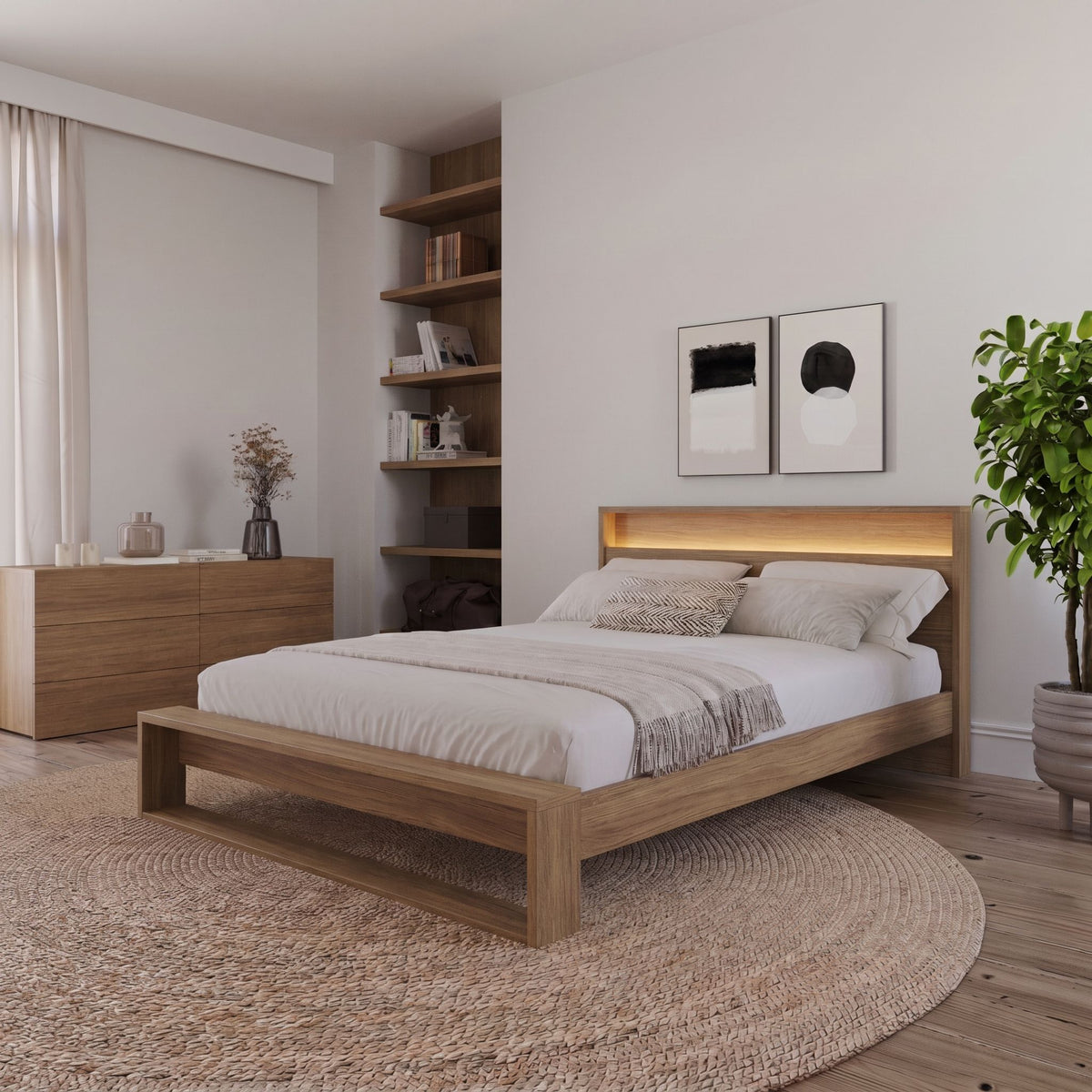Gael Headboard with Integrated Lighting, Queen in Brown Oak, Queen – lifestyle photo