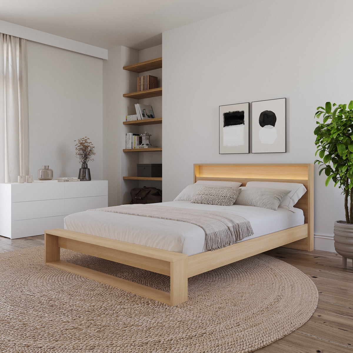 Gael Headboard with Integrated Lighting, Queen in Natural Blonde Oak, Queen – lifestyle photo