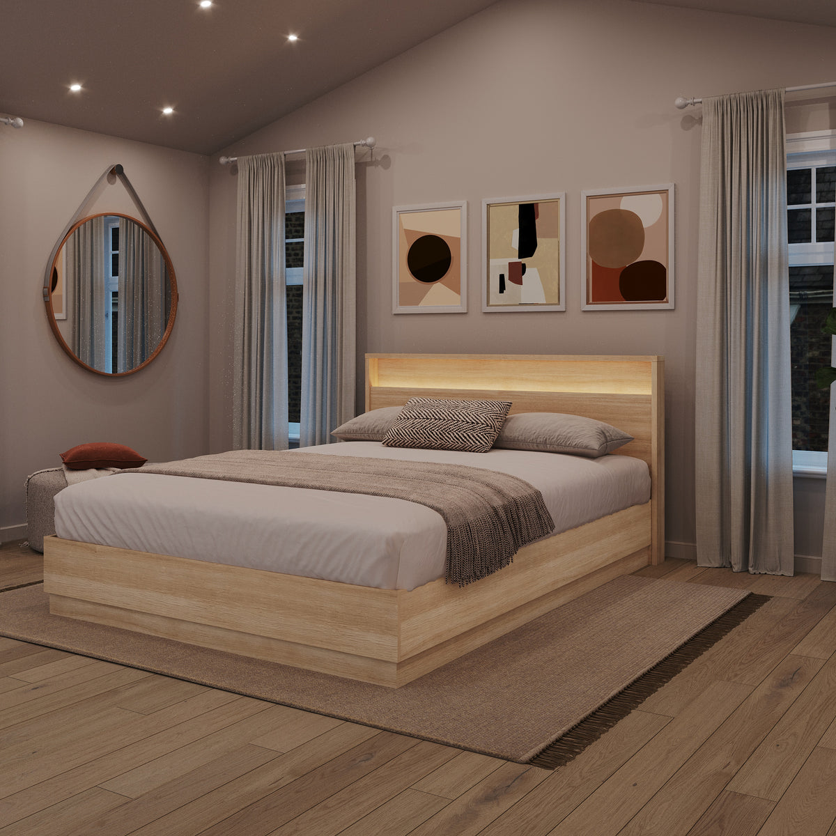 Gael Headboard with Integrated Lighting, Queen in Natural Blonde Oak, Queen – lifestyle photo 2