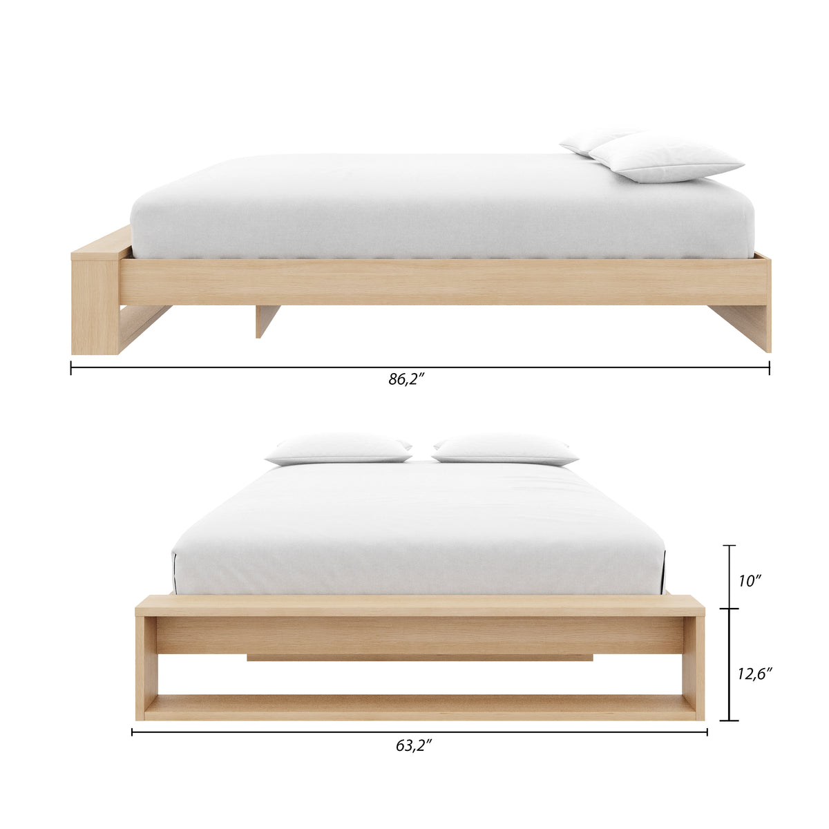 Gael Platform Bed, Queen in Natural Blonde Oak, Queen – dimensions diagram