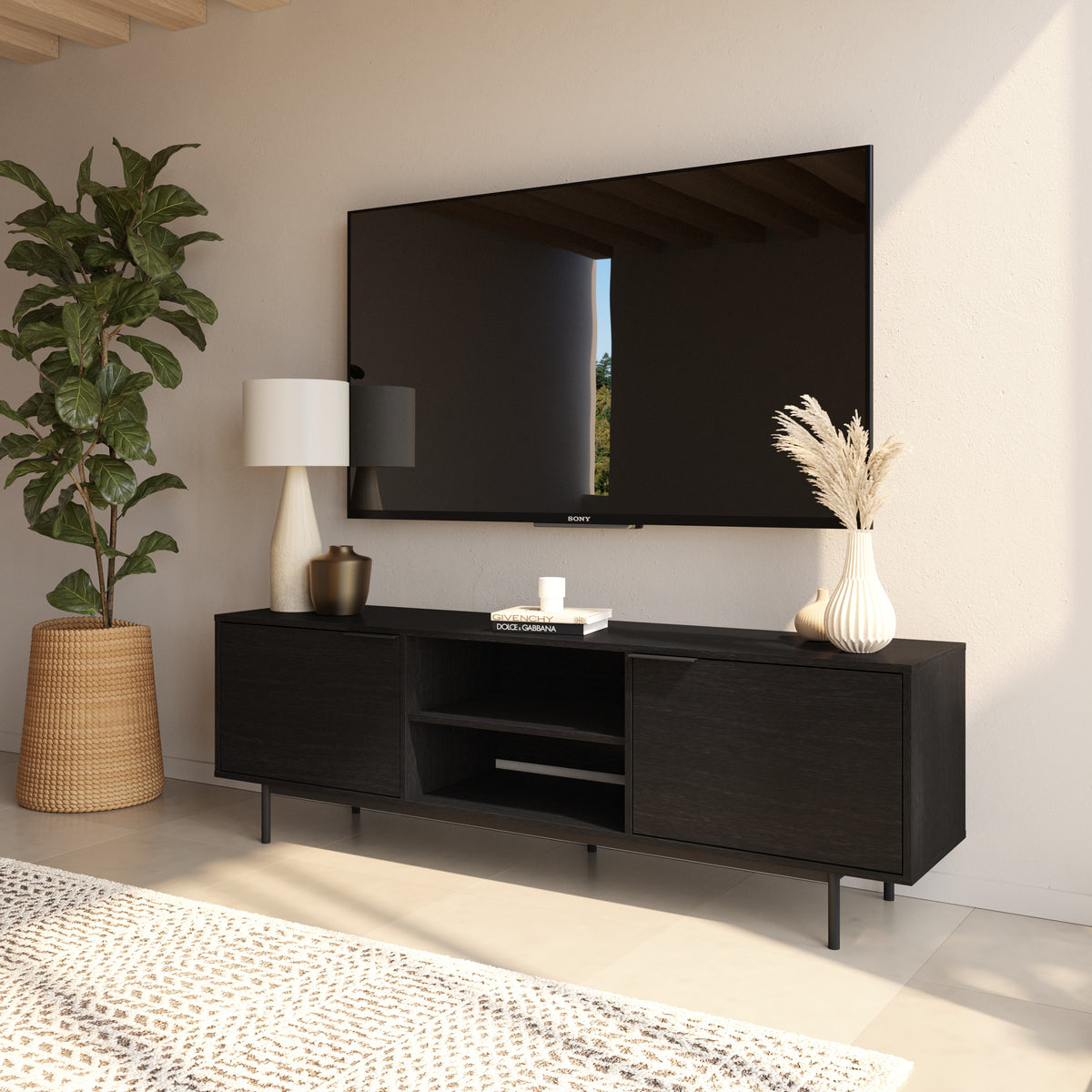 Hamilton 70” TV Stand with 2 Storage Cabinets in Black – lifestyle photo 2