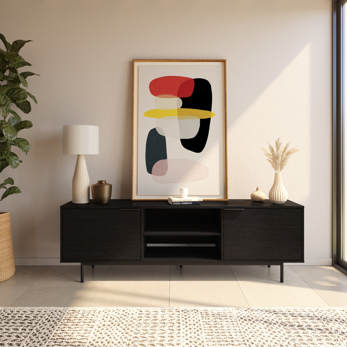 Hamilton 70” TV Stand with 2 Storage Cabinets in Black – lifestyle photo