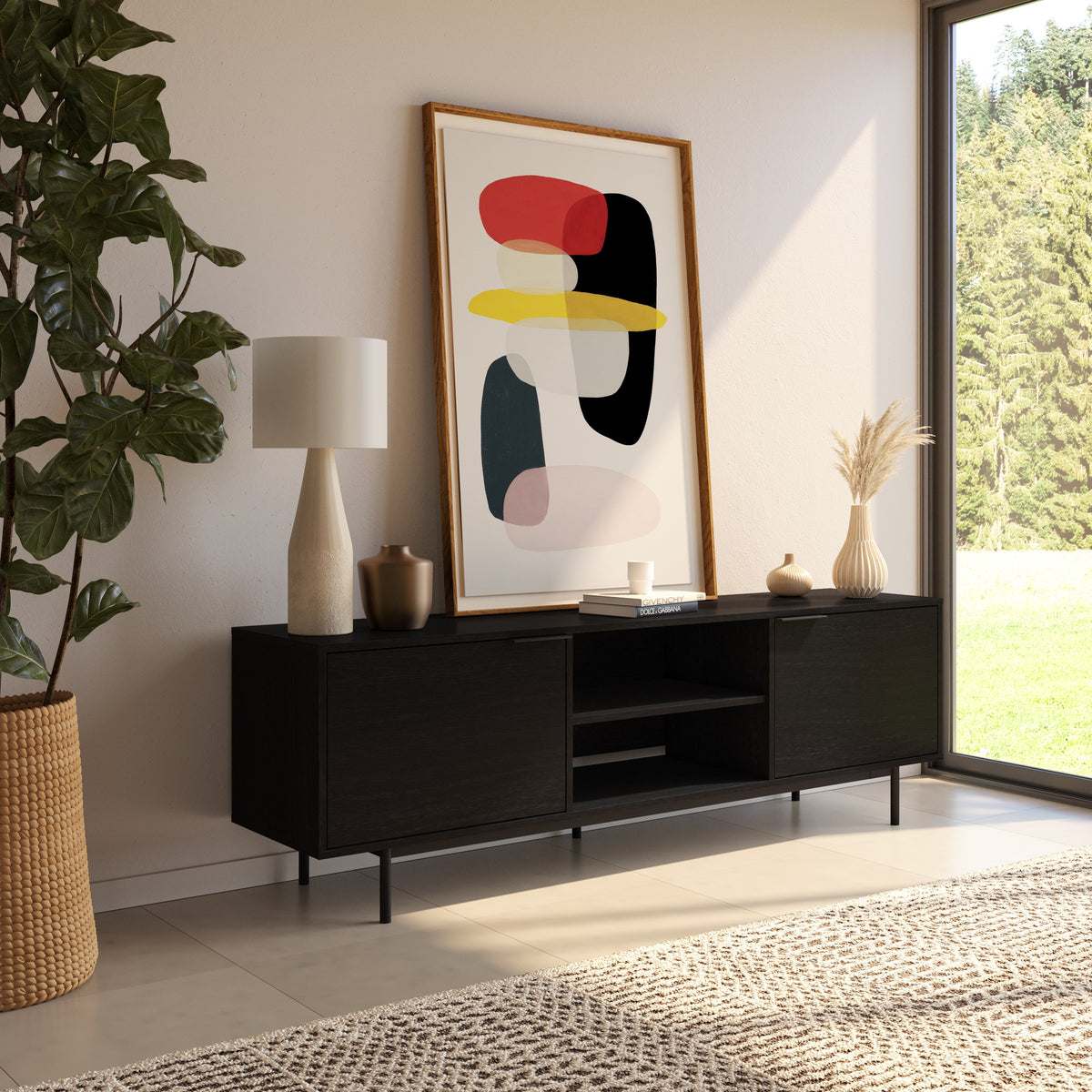 Hamilton 70” TV Stand with 2 Storage Cabinets in Black – lifestyle photo 3