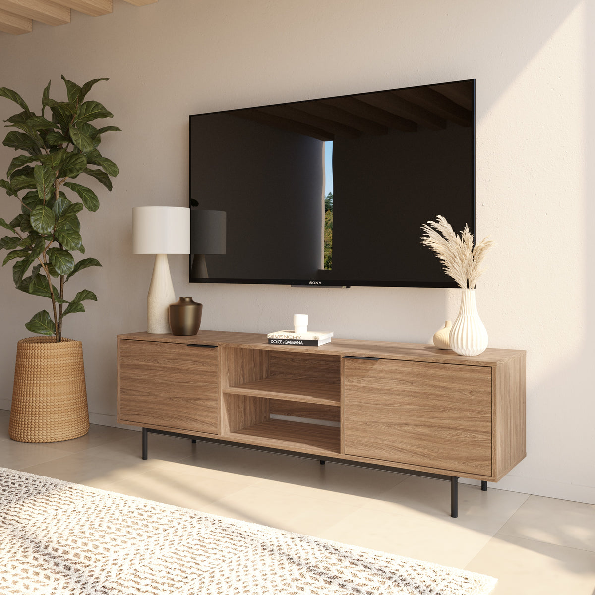 Hamilton 70” TV Stand with 2 Storage Cabinets in Light Walnut – lifestyle photo 2