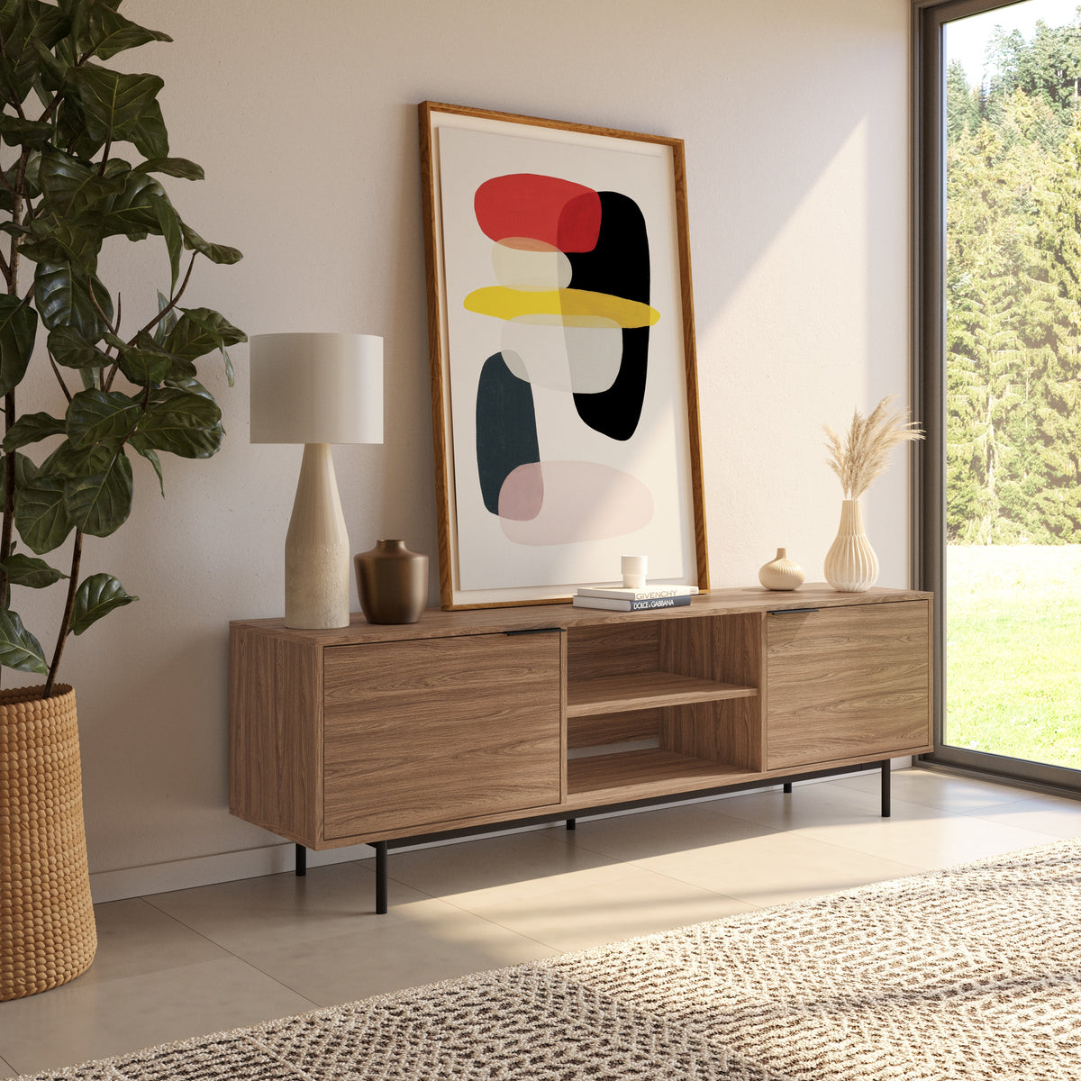 Hamilton 70” TV Stand with 2 Storage Cabinets in Light Walnut – lifestyle photo 3