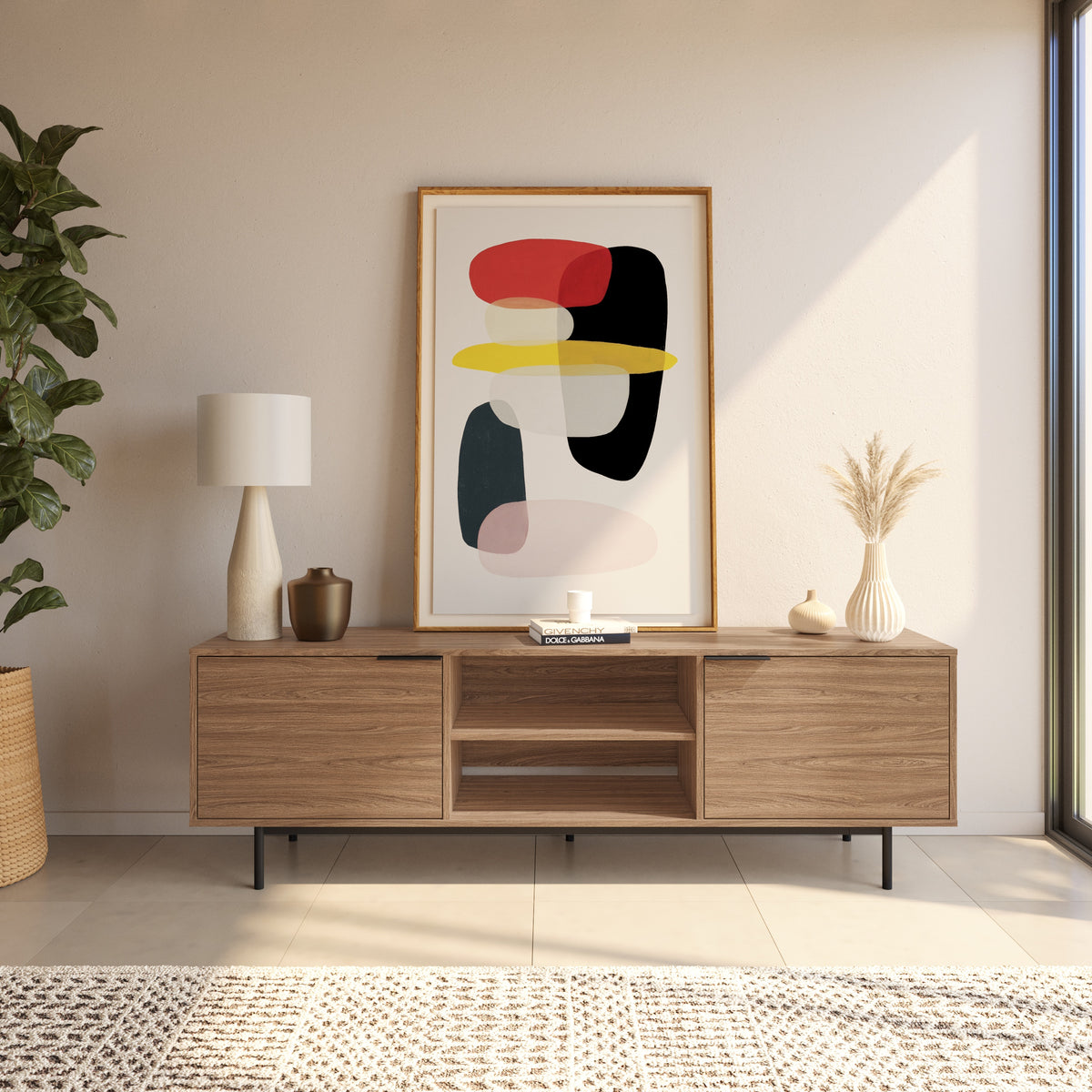 Hamilton 70” TV Stand with 2 Storage Cabinets in Light Walnut – lifestyle photo