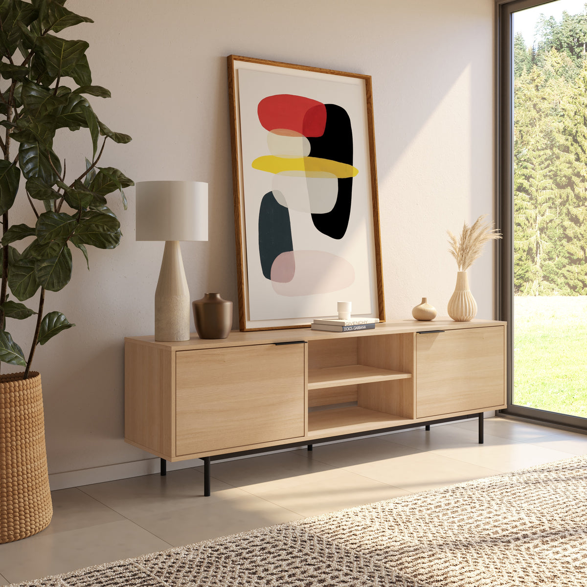 Hamilton 70” TV Stand with 2 Storage Cabinets in Natural Blonde Oak – lifestyle photo 2