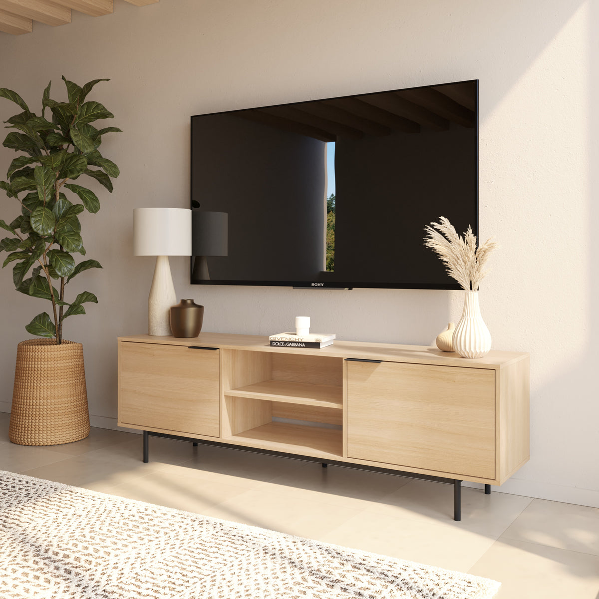 Hamilton 70” TV Stand with 2 Storage Cabinets in Natural Blonde Oak – lifestyle photo 3