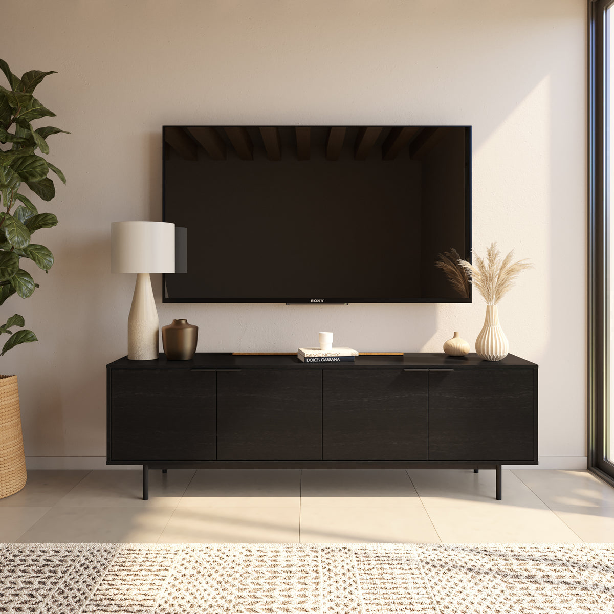 Hamilton 70” TV Stand with 4 Storage Cabinets in Black – lifestyle photo
