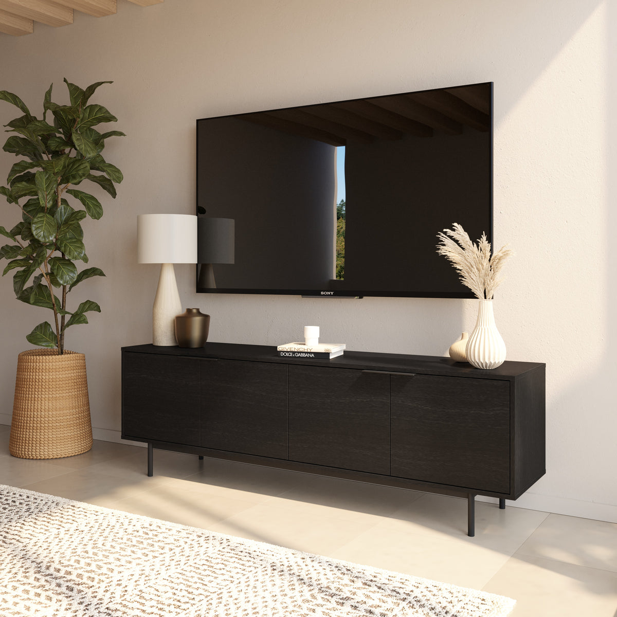 Hamilton 70” TV Stand with 4 Storage Cabinets in Black – lifestyle photo 2