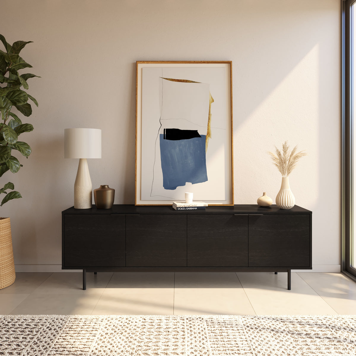 Hamilton 70” TV Stand with 4 Storage Cabinets in Black – lifestyle photo 3