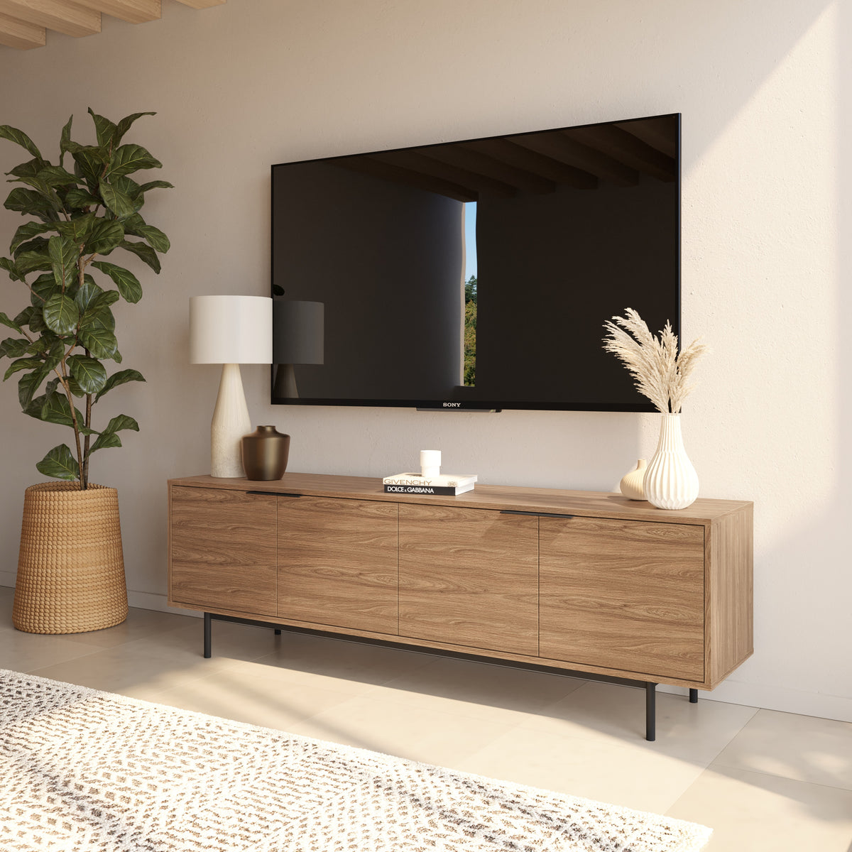 Hamilton 70” TV Stand with 4 Storage Cabinets in Light Walnut – lifestyle photo 2