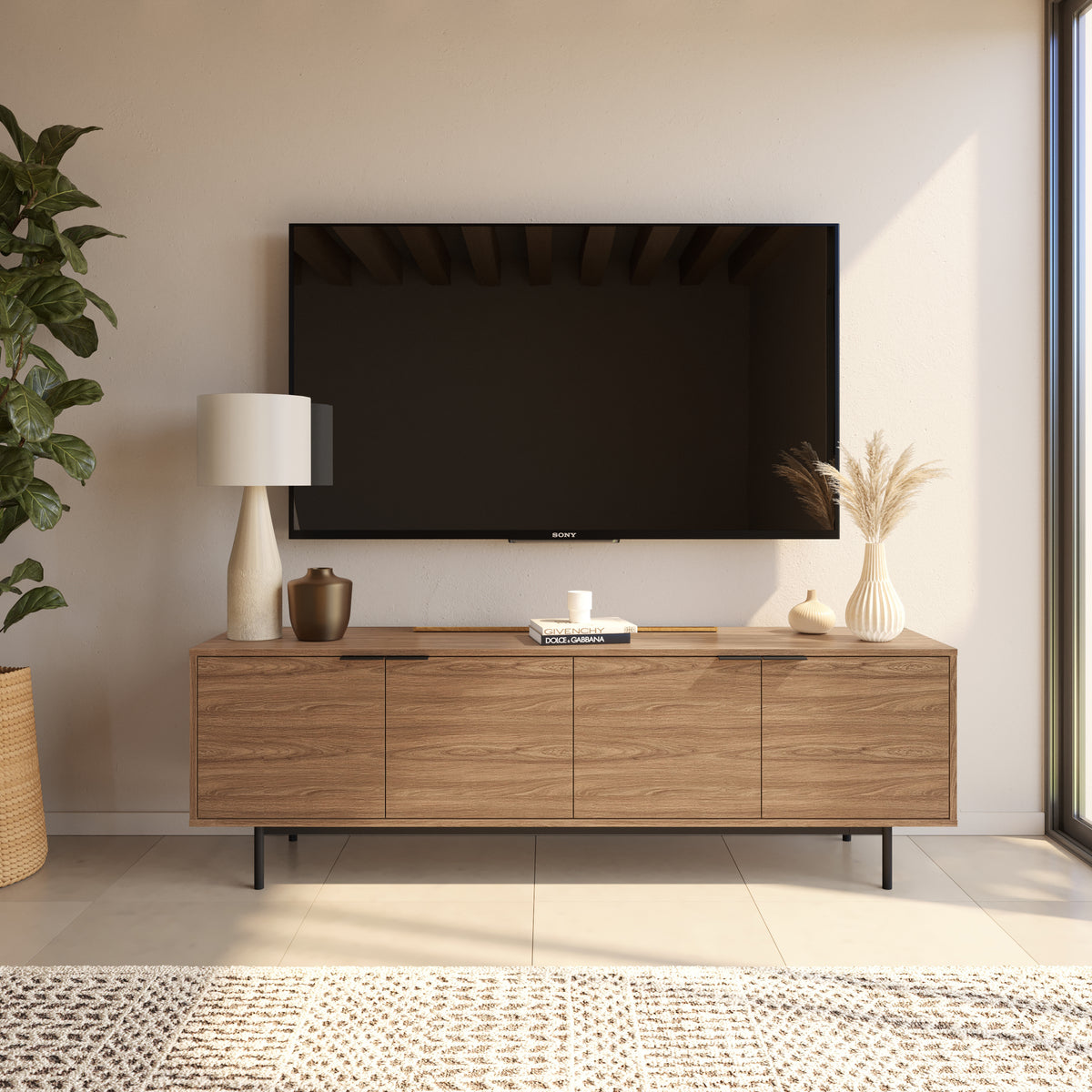 Hamilton 70” TV Stand with 4 Storage Cabinets in Light Walnut – lifestyle photo