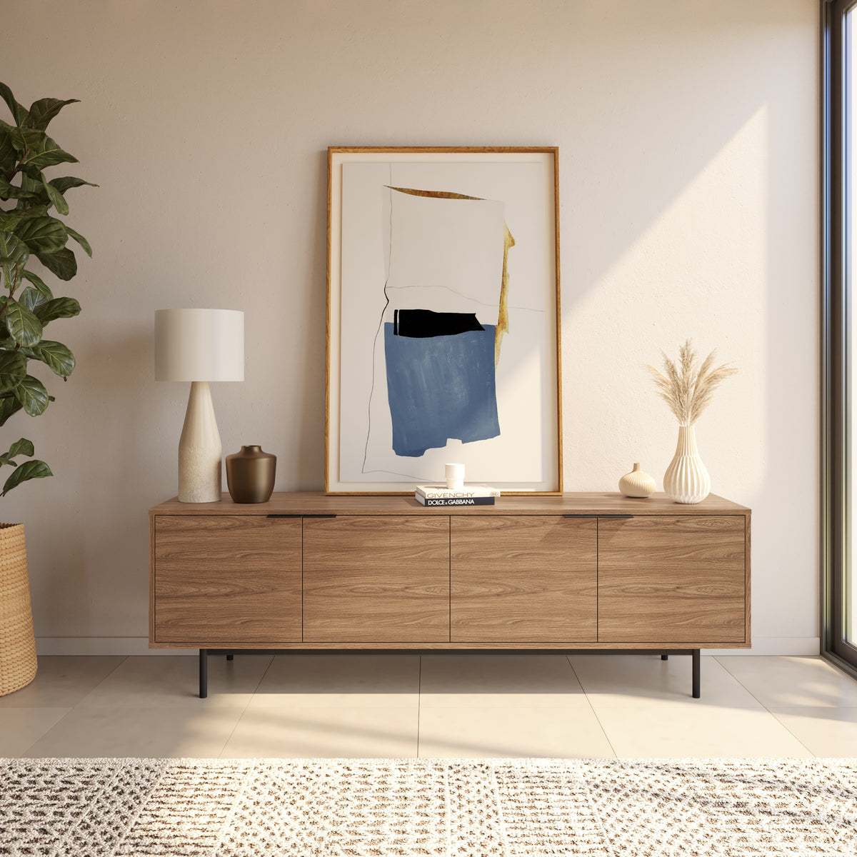 Hamilton 70” TV Stand with 4 Storage Cabinets in Light Walnut – lifestyle photo 3