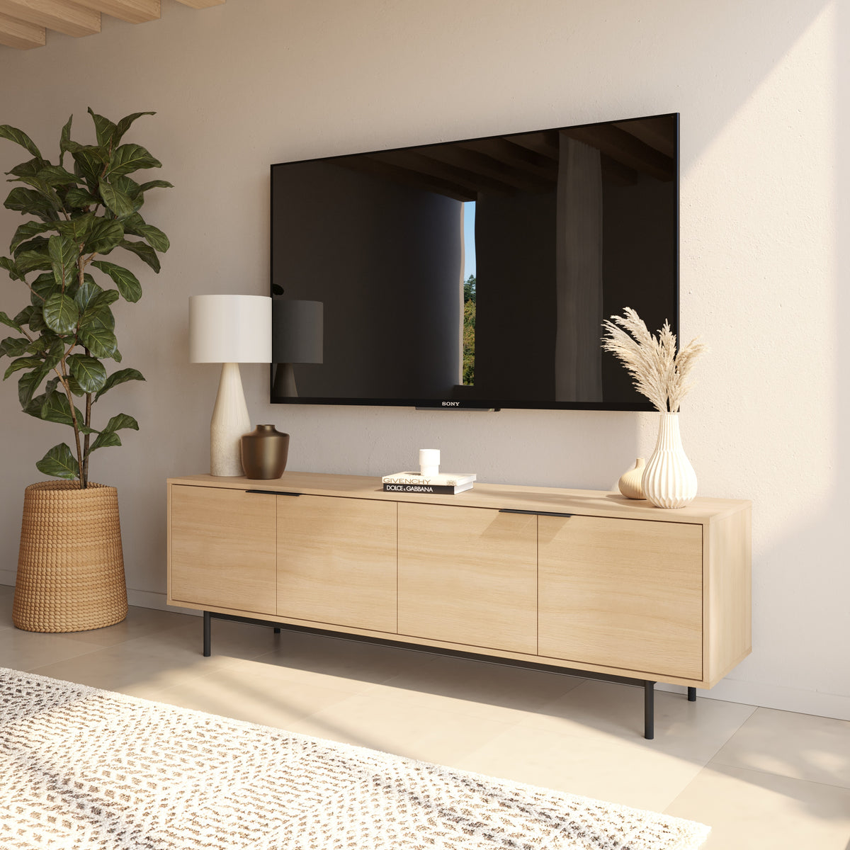 Hamilton 70” TV Stand with 4 Storage Cabinets in Natural Blonde Oak – lifestyle photo 2
