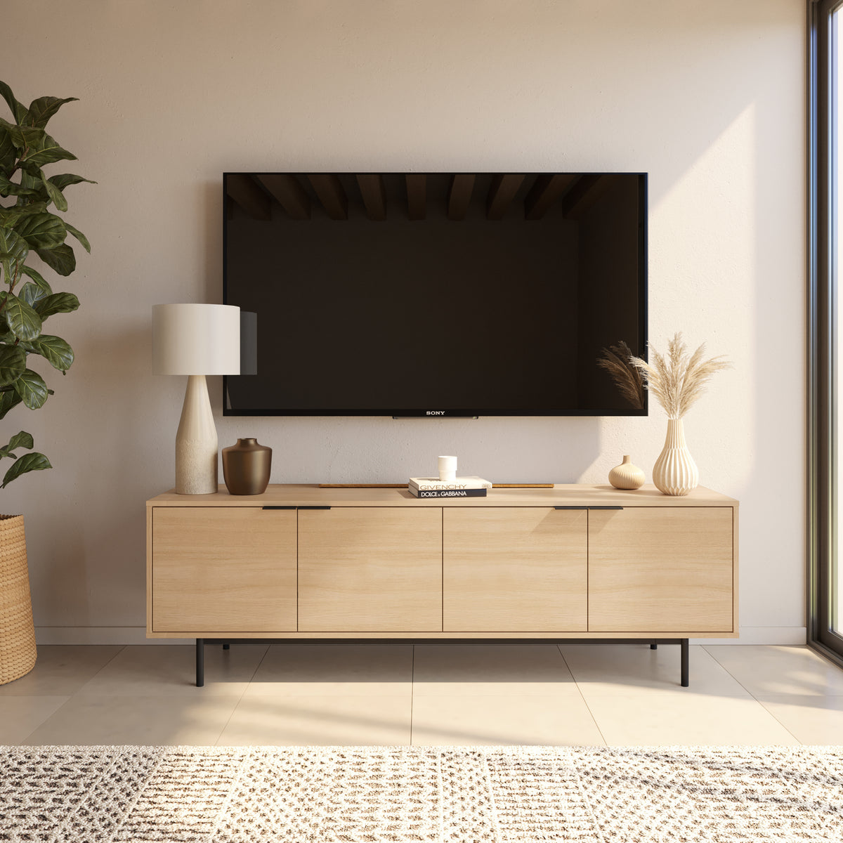 Hamilton 70” TV Stand with 4 Storage Cabinets in Natural Blonde Oak – lifestyle photo 3