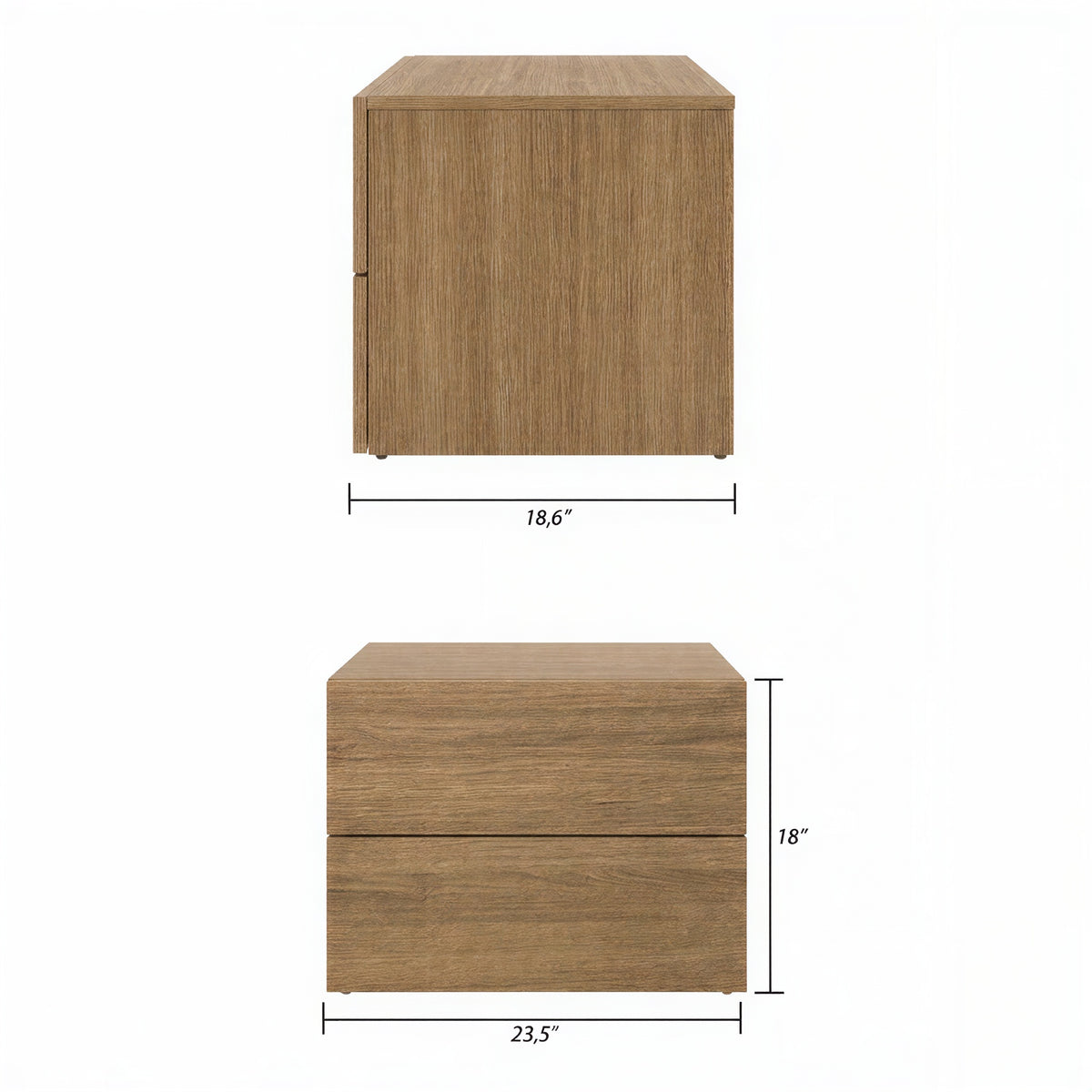 James Nightstand With 2-Drawers in Brown Oak – dimensions diagram