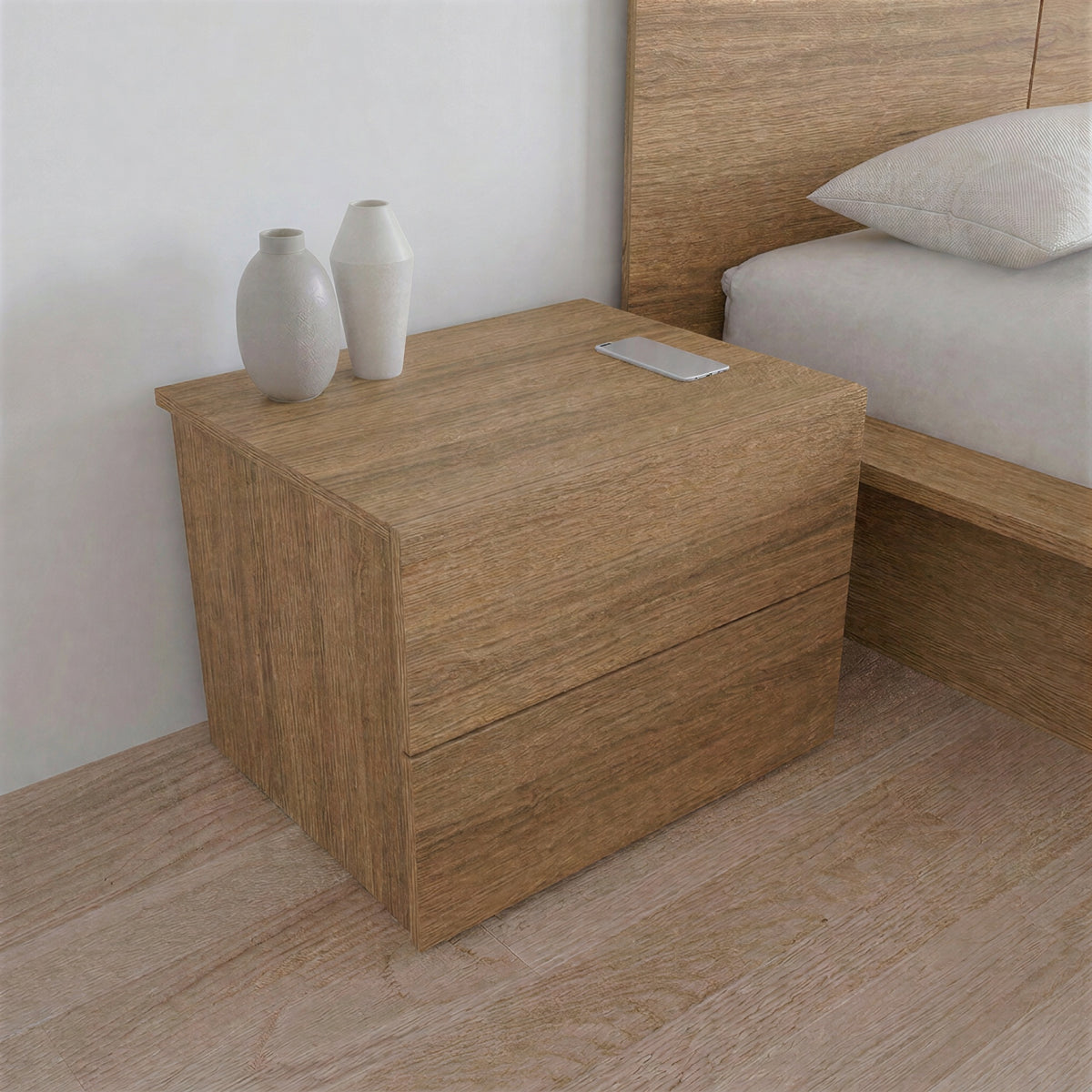 James Nightstand With 2-Drawers in Brown Oak – lifestyle photo