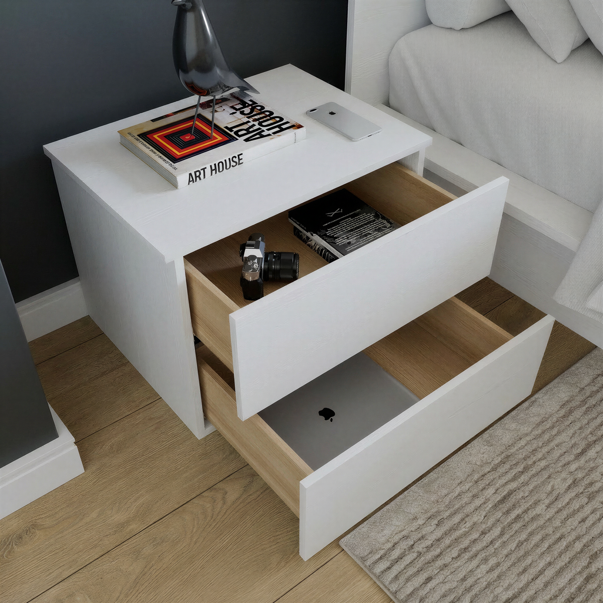 James Nightstand With 2-Drawers in White Wood Grain – dimensions diagram
